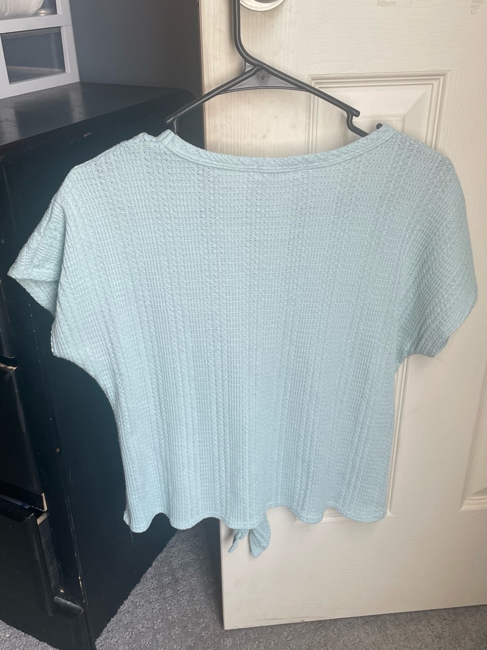 Altar’d State Light Blue Knit Crop Top V-Neck Tie Front Short Sleeve Top - Picture 2 of 4